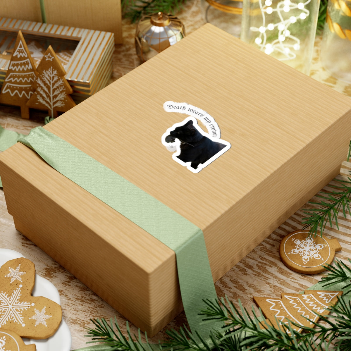 "Death Wears My Crown" Black Cat Kiss-Cut Sticker