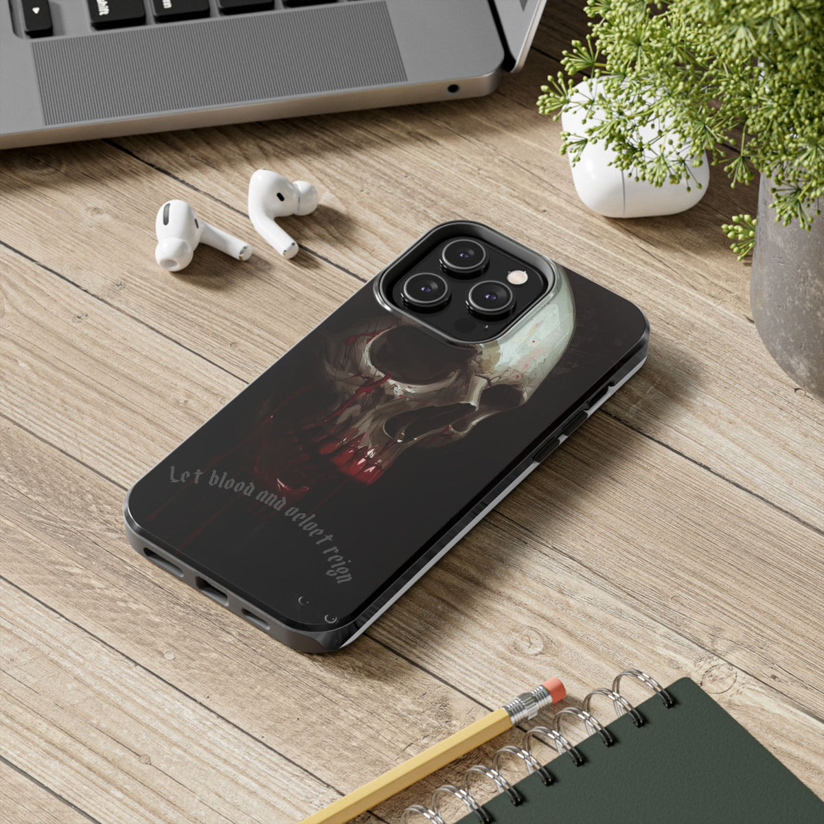 Skull Phone Case — 'Let Blood and Velvet Reign' Gothic Tough Protective Cover