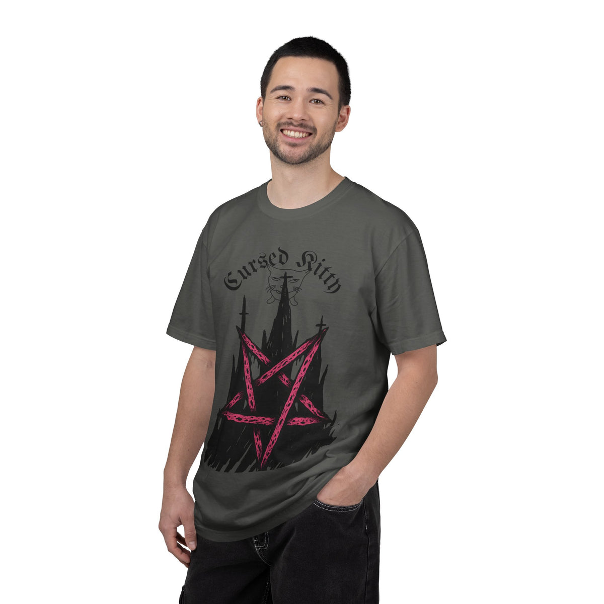 Graphic T-Shirt — 'Cursed Kitty' Gothic Pentagram Tee