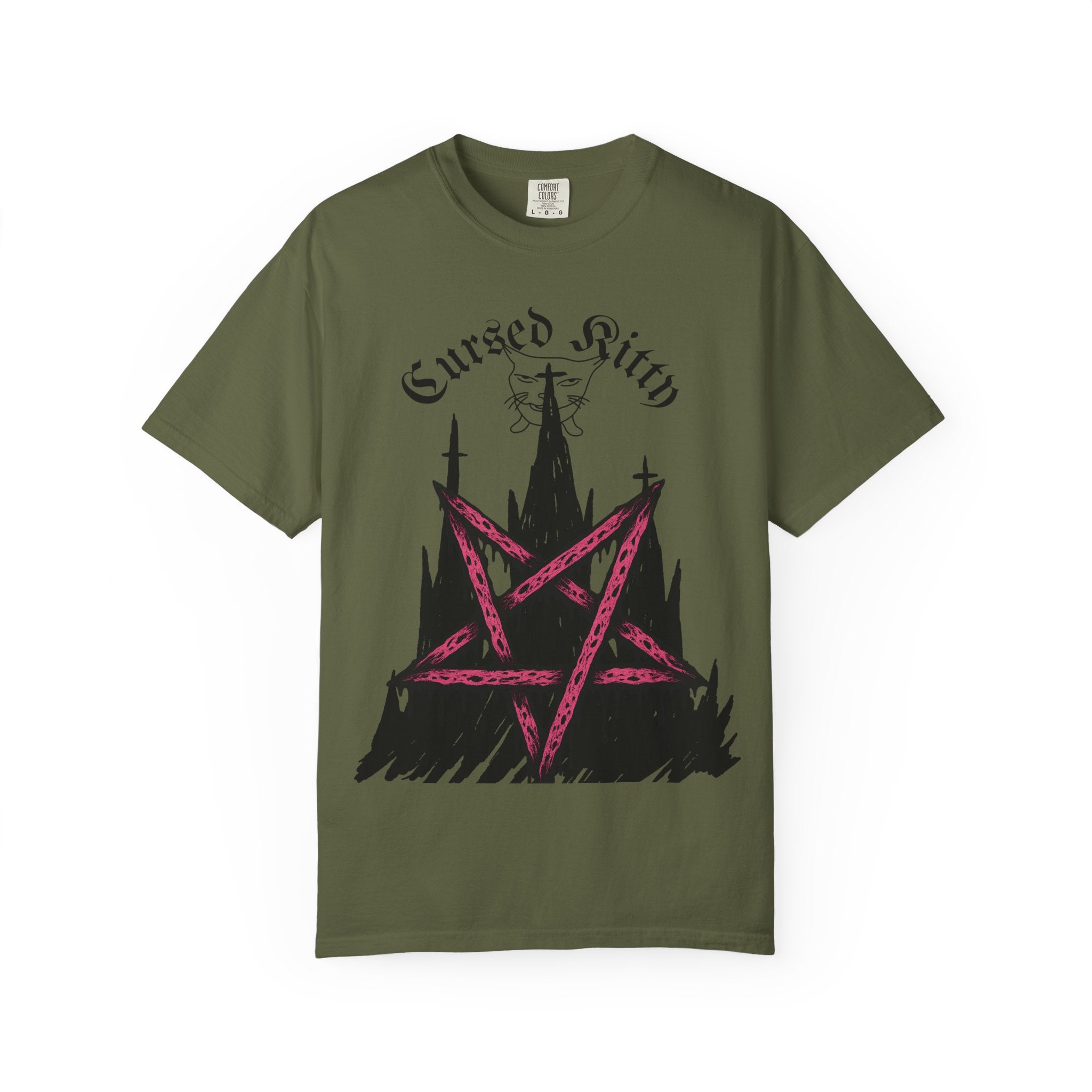 Graphic T-Shirt — 'Cursed Kitty' Gothic Pentagram Tee