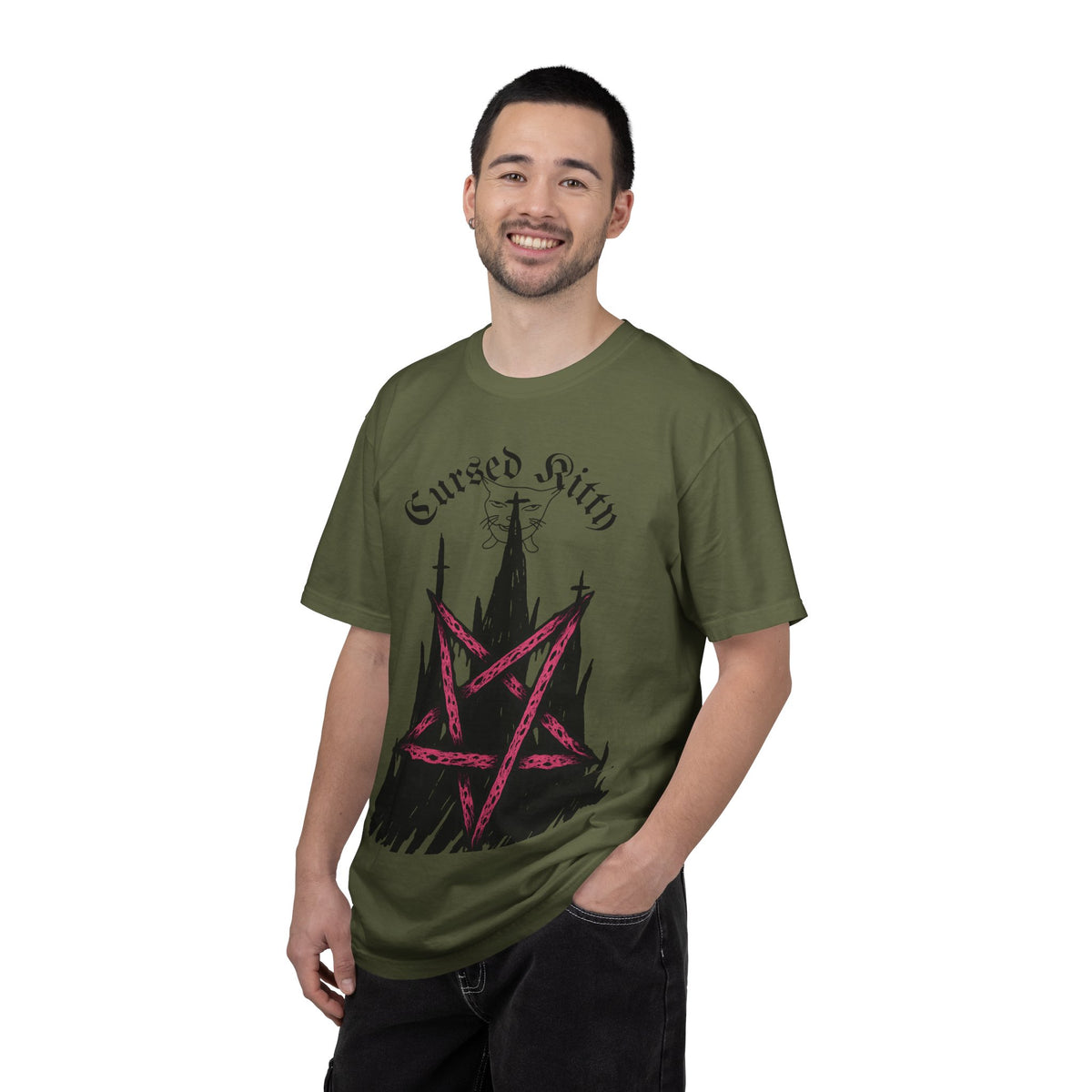 Graphic T-Shirt — 'Cursed Kitty' Gothic Pentagram Tee