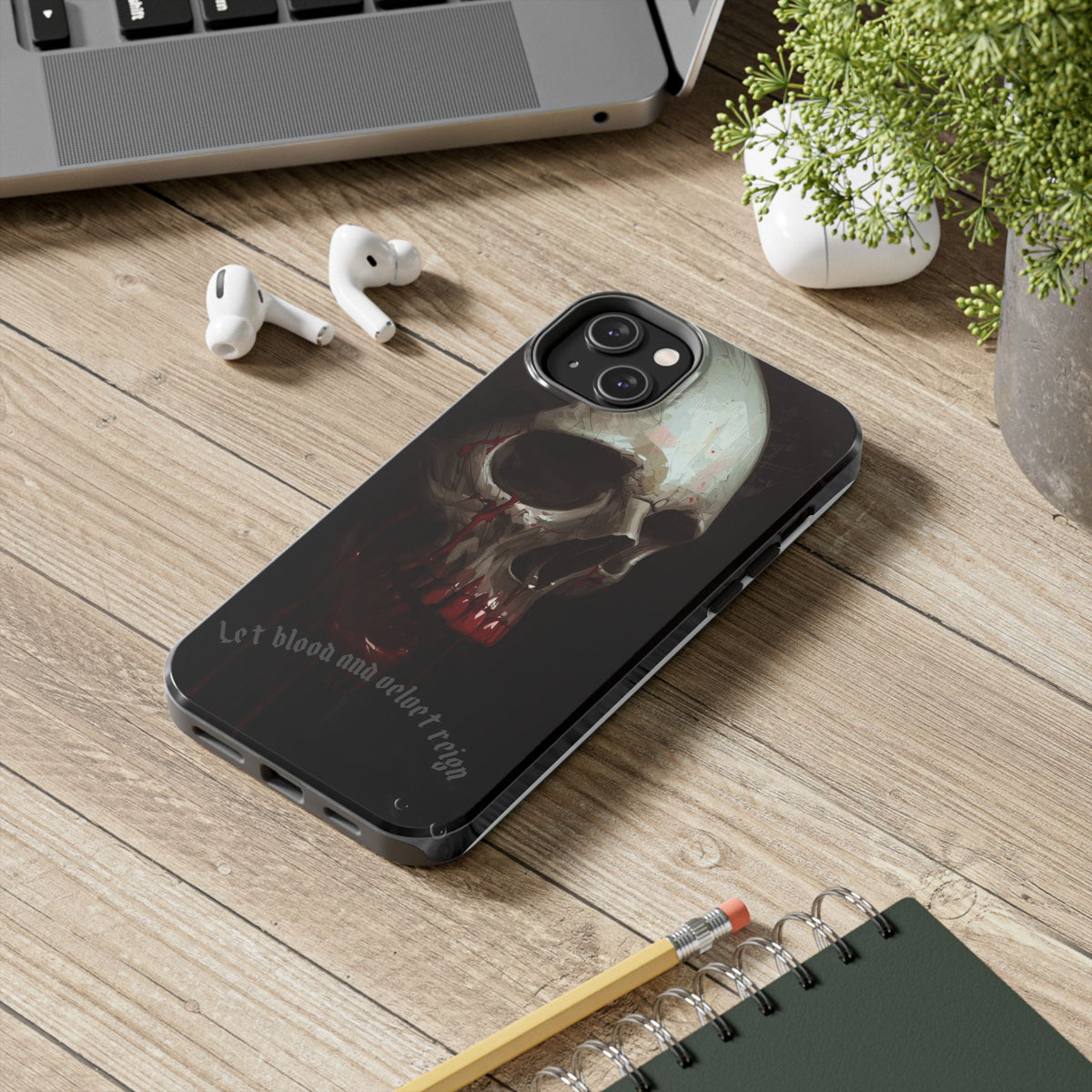 Skull Phone Case — 'Let Blood and Velvet Reign' Gothic Tough Protective Cover