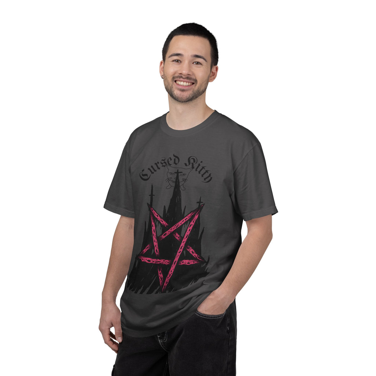 Graphic T-Shirt — 'Cursed Kitty' Gothic Pentagram Tee
