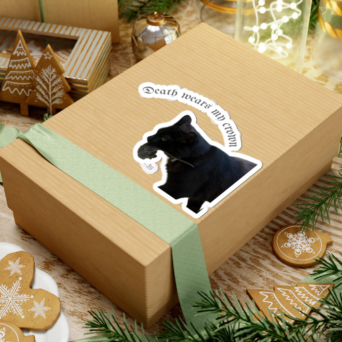 "Death Wears My Crown" Black Cat Kiss-Cut Sticker