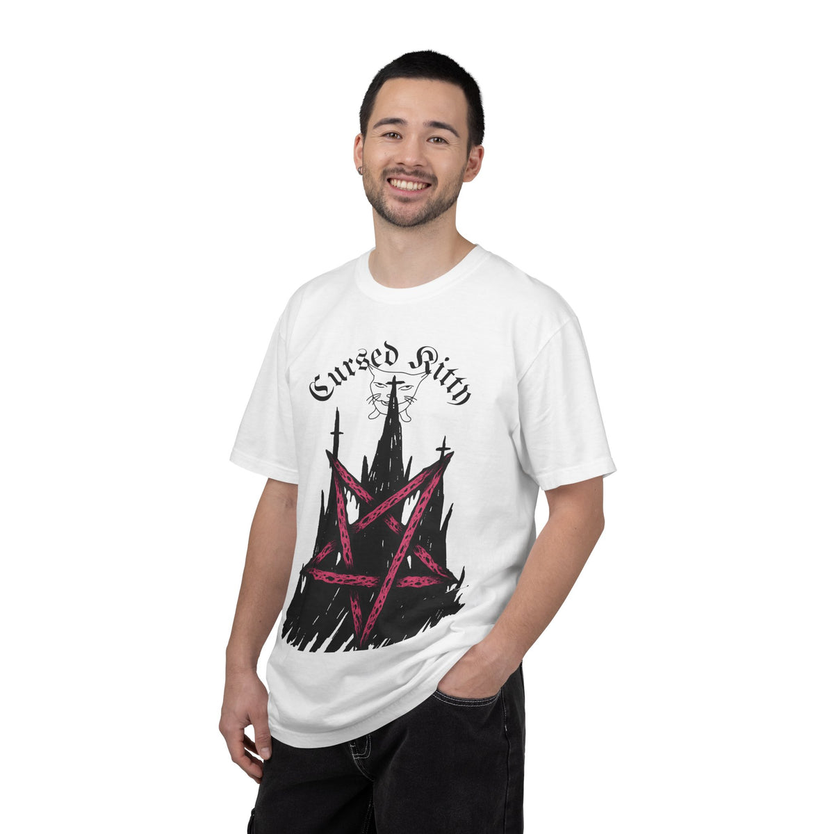 Graphic T-Shirt — 'Cursed Kitty' Gothic Pentagram Tee