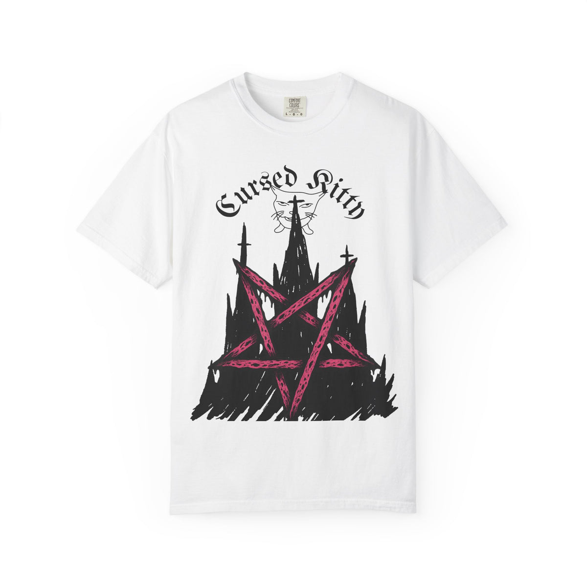 Graphic T-Shirt — 'Cursed Kitty' Gothic Pentagram Tee