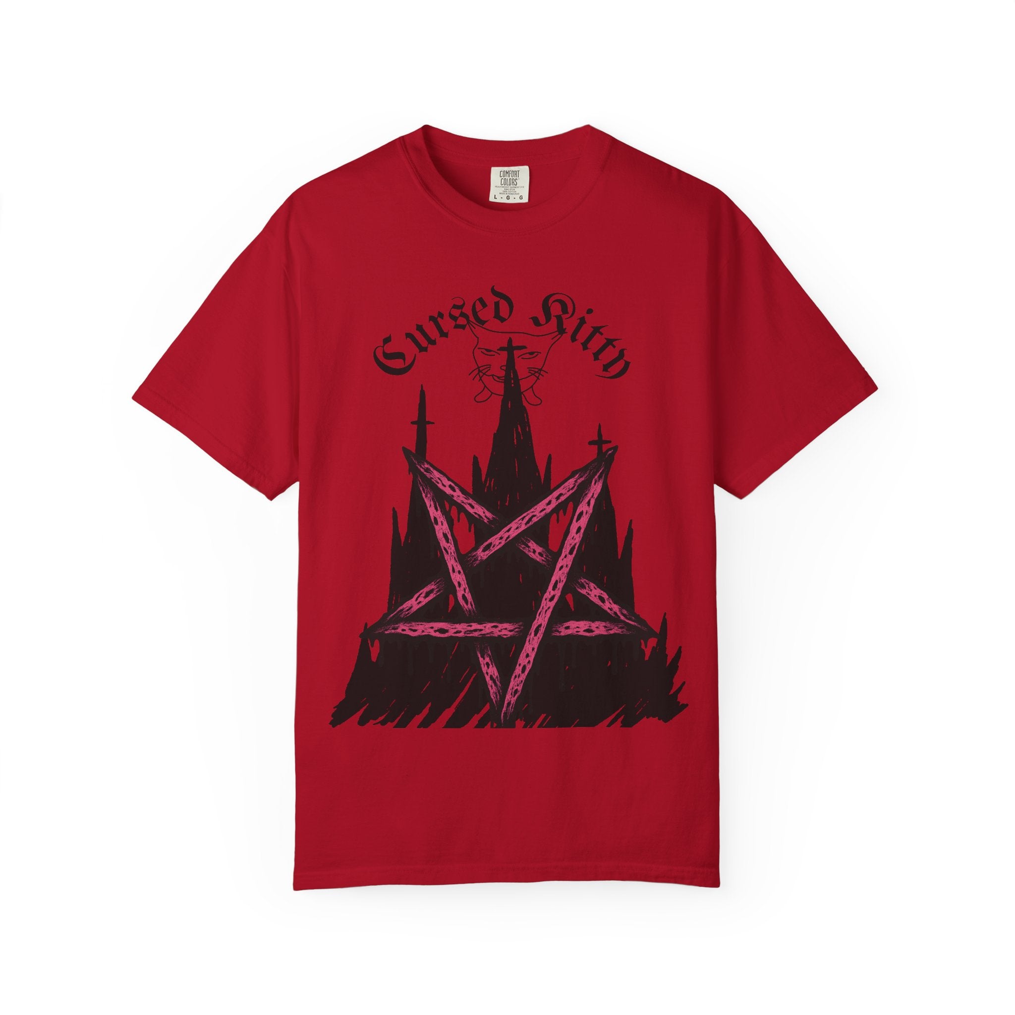 Graphic T-Shirt — 'Cursed Kitty' Gothic Pentagram Tee