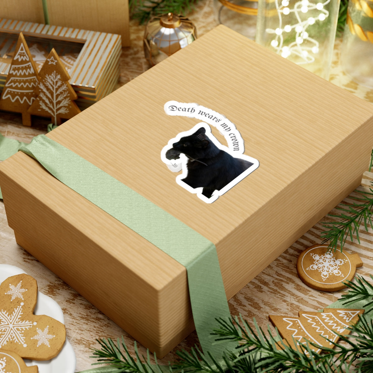 "Death Wears My Crown" Black Cat Kiss-Cut Sticker