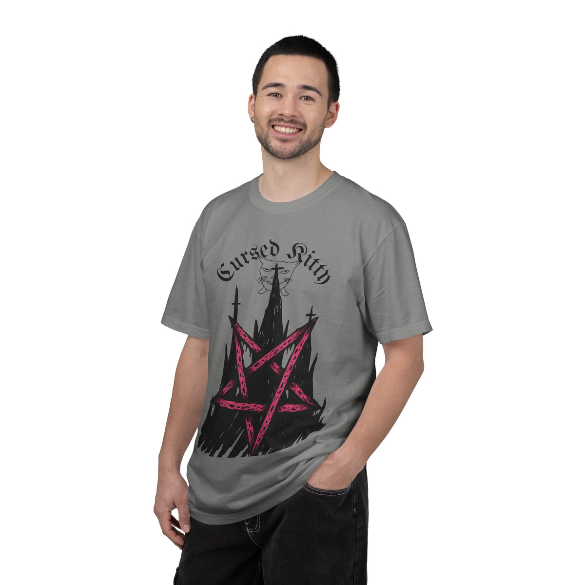 Graphic T-Shirt — 'Cursed Kitty' Gothic Pentagram Tee