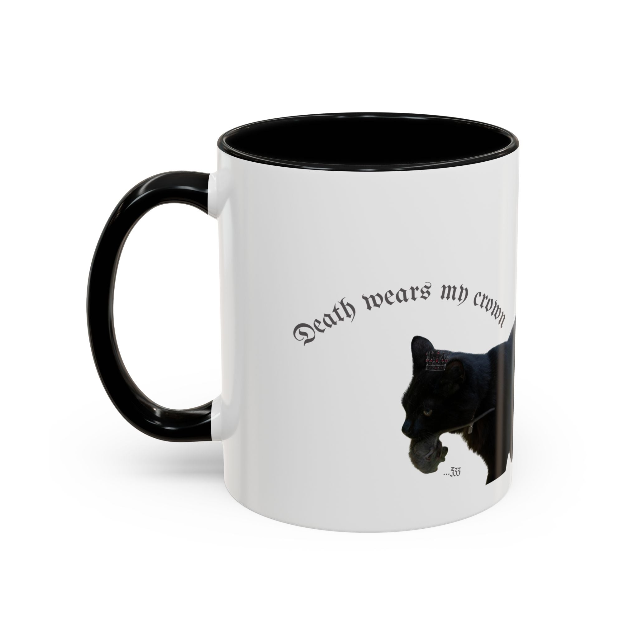 Black Cat 'Death Wears My Crown' Accent Coffee Mug — Gothic Cat Lover Gift